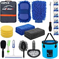 AUTODECO 22Pcs Car Wash Cleaning Tools Kit Car Detailing Set with Blue Canvas Bag Collapsible Bucket Wash Mitt Sponge…