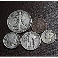 Old U.S. Silver Coins 5 Coin Collection Set - Indian Head Cent, Buffalo Nickel, Mercury Dime, Standing Liberty Quarter…