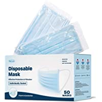 WeCare Individually Wrapped Disposable Face Masks - 50 Pack, Blue - Soft on Skin - 3 Ply Protectors with Elastic…