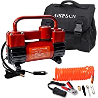 GSPSCN Red Tire Inflator Heavy Duty Double Cylinders, Portable Metal DC 12V Air Compressor, 150PSI Tire Pump with…