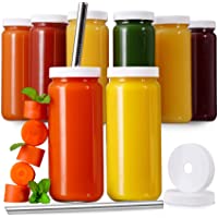 [ 8 Pack ] Glass Juicing Bottles, Drinking Jars with 2 Straws & 2 Lids w Hole - 16 OZ Travel, Water Cups with White…