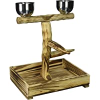 Penn-Plax Wood Bird Perch with 2 Stainless Steel Feeding Cups and Drop Tray for Large Birds - 2 Size Options