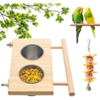Bird Feeding Dish Cups,Hanging Stainless Steel Parrot Cage Feeder & Water Bowl with Wooden Platform for Parakeet…