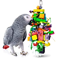 SunGrow Parrot Wooden and Rope Chewing Toy, 15.7 X 4 Inches, Multi-Shaped Blocks and Cotton Rope with Hanging Loop, 1 pc