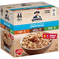Quaker Instant Oatmeal Lower Sugar, 4 Flavor Variety Pack (44 Pack)