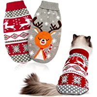 HYLYUN Cat Christmas Sweater 2 Packs - Puppy Christmas Sweater Pet Reindeer Snowflake Sweaters for Kittys and Small Dogs