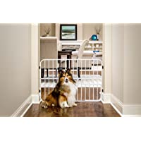 Carlson Pet Products Tuffy Metal Expandable Pet Gate, Includes Small Pet Door, 24 x 26-42 Inch, Beige, White