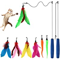 Cat Toys Interactive Cat Feather Wand, Kitten Toys 2pcs Retractable Cat Wand Toy & 7pcs Natural Feather Teaser…