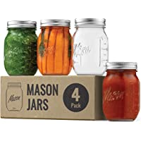 Regular-Mouth Glass Mason Jars, 16-Ounce (4-Pack) Glass Canning Jars with Silver Metal Airtight Lids and Bands with…