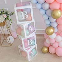 Baby Shower Boxes Party Decorations – 4 pcs Transparent Balloons Boxes Décor with Letters, Individual BABY Blocks Design…