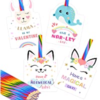 Valentines Day Cards for Kids - Set of 24 Rainbow Pencils Unicorn Valentines - Class Party Favors Valentine day cards…