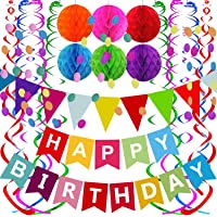 Fecedy Happy Birthday Banner with Colorful Paper Flag Bunting Paper Circle Confetti Garland Swirl Streamers Honeycomb…