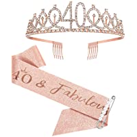 40th Birthday Sash and Tiara for Women, Rose Gold Birthday Sash Crown 40 & Fabulous Sash and Tiara for Women, 40th…