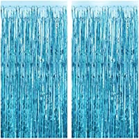 FECEDY 2pcs 3ft x 8.3ft Light Blue Metallic Tinsel Foil Fringe Curtains Photo Booth Props for Birthday Wedding…