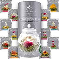 Teabloom Flowering Tea - 12 Unique Varieties of Fresh Blooming Tea Flowers - Hand-Tied Natural Green Tea Leaves & Edible…