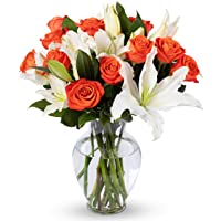 Benchmark Bouquets Orange Roses and White Oriental Lilies, With Vase (Fresh Cut Flowers)