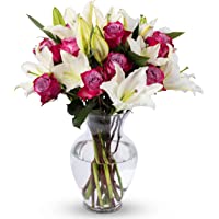 Benchmark Bouquets Lavender Roses and White Oriental Lilies, With Vase (Fresh Cut Flowers)