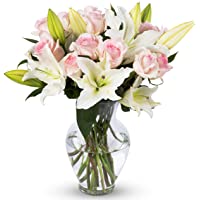 Benchmark Bouquets Light Pink Roses and White Oriental Lilies, With Vase (Fresh Cut Flowers)
