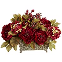 Nearly Natural 4929 18in. Peony & Hydrangea Silk Flower Arrangement,Red,13.75" x 12" x 9.5"