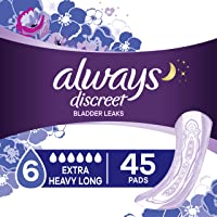Always Discreet Extra Heavy Long Incontinence Pads, Up to 100% Leak-Free Protection,White 45 Count