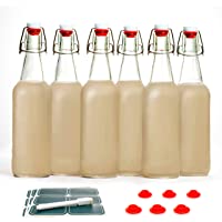 Otis Classic Swing Top Glass Bottles - Set of 6, 16oz w/ Marker & Labels - Clear Bottle with Caps for Juice, Water…