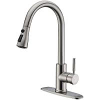 WEWE Single Handle High Arc Brushed Nickel Pull Out Kitchen Faucet,Single Level Stainless Steel Kitchen Sink Faucets…