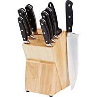 Amazon Basics 9-Piece Kitchen Knife Block Set, High-Carbon Stainless-Steel Blades with Pine Wood Knife Block, Black