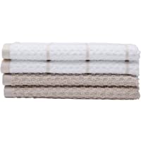 Amazon Basics 100% Cotton Terry Kitchen Dish Towels, Popcorn Texture - 4-Pack, Beige Stripe