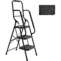 Usinso 3 Step Ladder Tool Ladder Folding Portable Steel Frame MAX 500 lbs Non-Slip Side armrests Large Area Pedals…