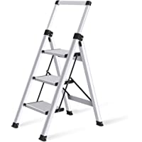 Xinsunho Retractable Handgrip 3 Step Ladder Safety Wide Pedal Step Stool Aluminum 300lbs Capacity Slim Design Ladder