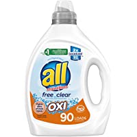 all Liquid Laundry Detergent, Free Clear for Sensitive Skin with OXI, Unscented and Hypoallergenic, 2X Concentrated, 90…