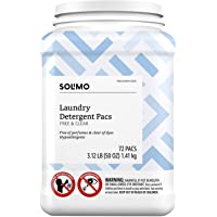 Amazon Brand - Solimo Laundry Detergent Pacs, Free & Clear, Hypoallergenic, Free of Perfumes Clear of Dyes, 72 Count
