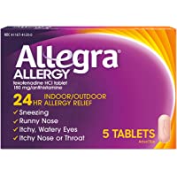 Allegra Adult Non-Drowsy Antihistamine Tablets, 5-Count, 24-Hour Allergy Relief, 180 mg