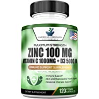 Zinc 100mg, Vitamin C 1000mg, Vitamin D 5000IU per Serving, Immune Support for Adults Kids, Immune System Booster…