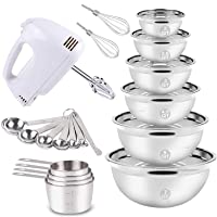 Electric Hand Mixer Mixing Bowls Set, Upgrade 5-Speeds Mixers with 6 Nesting Stainless Steel Mixing Bowl, Measuring Cups…