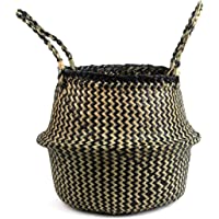 BlueMake Woven Seagrass Belly Basket for Storage Plant Pot Basket and Laundry, Picnic and Grocery Basket (Small, Black…