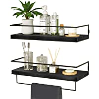 ZGO Floating Shelves for Wall Set of 2, Wall Mounted Storage Shelves with Black Metal Frame and Towel Rack for Bathroom…