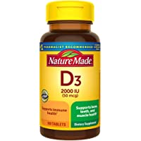 Nature Made Vitamin D3, 100 Tablets, Vitamin D 2000 IU (50 mcg) Helps Support Immune Health, Strong Bones and Teeth…