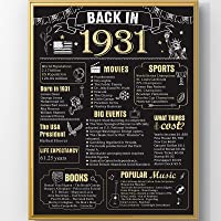 Framed 90 Years Birthday Poster Back in 1931 Party Decorations Classic Black and Gold 8x10 inch Tabletop Wall 90th…