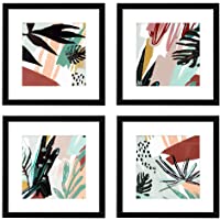 ArtbyHannah 10x10 Inch 4 Panels Abstract Wall Art Framed with Decorative Tropical Plant Prints Black Picture Frame…