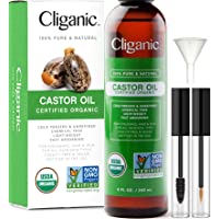Cliganic USDA Organic Castor Oil, 100% Pure (8oz with Eyelash Kit) - For Eyelashes, Eyebrows, Hair & Skin | Natural Cold…
