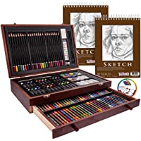 U.S. Art Supply 145-Piece Mega Wood Box Art Painting and Drawing Set in Storage Case - 2 Sketch Pads, 24 Watercolor…