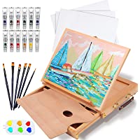 Falling in Art Beechwood Tabletop Easel Set with 12 Tubes Acrylic Paints, Canvas Panels, Brushes, Palette – 24 Pieces…