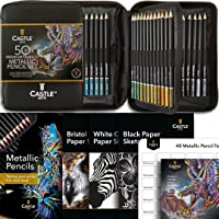 Castle Art Supplies 48 Metallic Colored Pencils Set with Extras | Quality Wax Cores with Shimmering Shades for…
