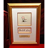 CHARLES SCHULZ autograph with CHARLIE BROWN and SNOOPY Colored ETCHING, COA, UV glass, Museum Frame, Rockwell pipe…
