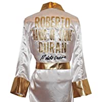 Roberto Duran Signed White Robe"HANDS OF STONE" on back - Autographed Boxing Robes and Trunks