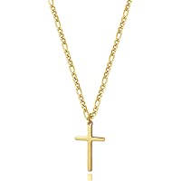 14K Gold Filled Cross Necklace for Men Figaro Chain Stainless Steel Plain Polished Cross Pendant Necklace Simple Faith…