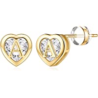 Heart Initial Stud Earrings for Girls, 14K Gold Plated Hypoallergenic CZ Heart Initial Earrings 925 Sterling Silver…