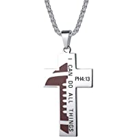 Football Cross Necklace for Boys Bible Verse I CAN DO All Things Stainless Steel Sport Pendant for Men