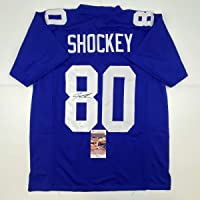 Autographed/Signed Jeremy Shockey New York Blue Football Jersey JSA COA